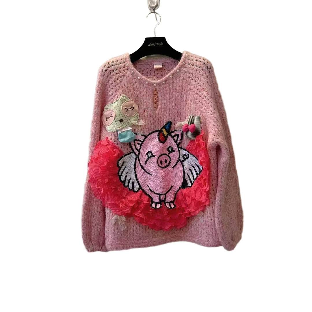 ATT2025潮牌梦幻风花朵V领毛针织衫复古女装针织衫冬季