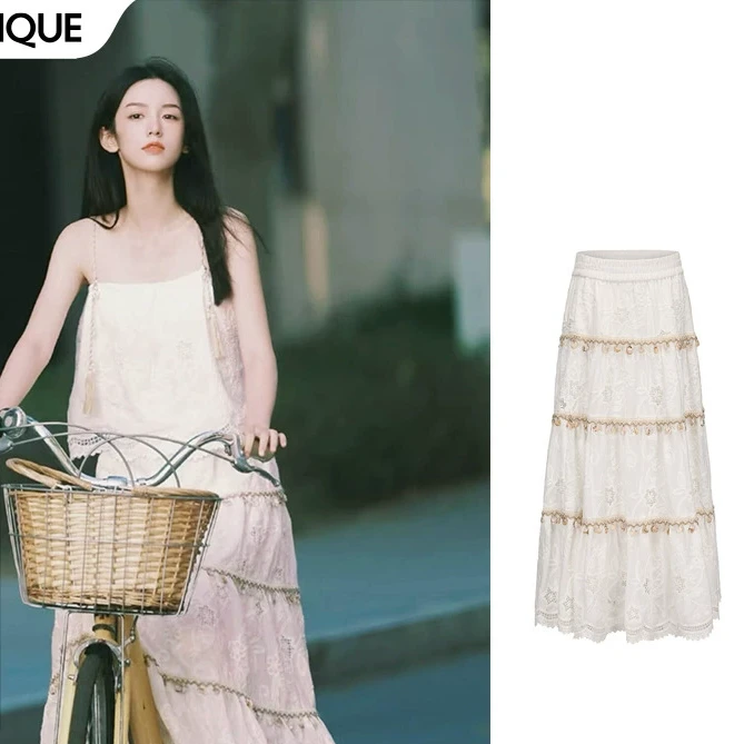 【LACERTA】周也同款　新品25春夏白色贝壳流苏A型长裙女