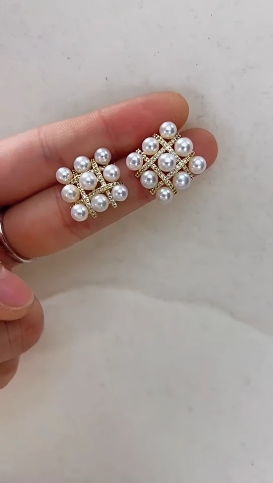 【闪购商品】淡水珍珠耳饰合金金色棋盘