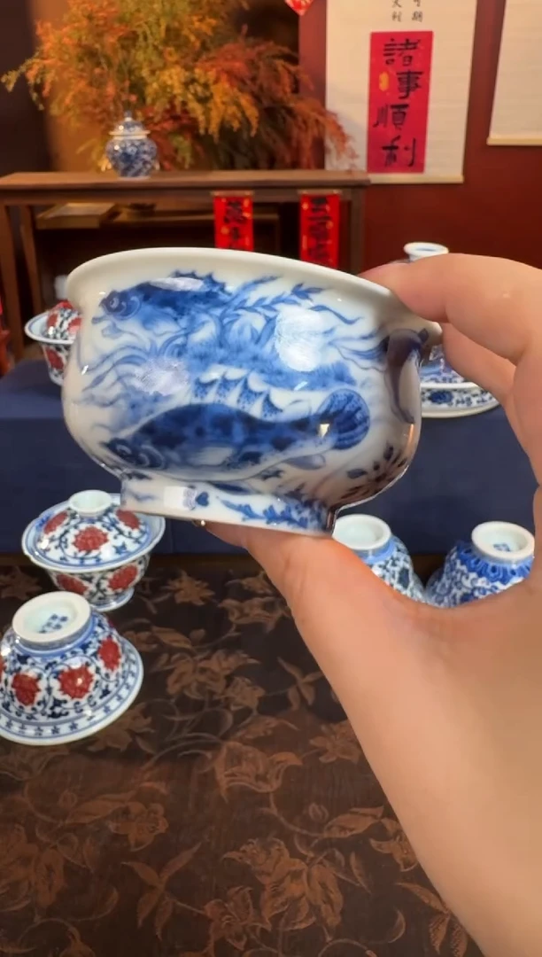 杯子望月怀古满绘鱼藻炉式杯