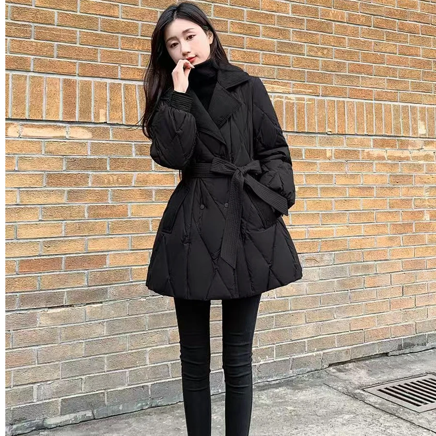 2025新款冬季收腰显瘦中长款羽绒棉服黑色小个子西装外套棉衣ins