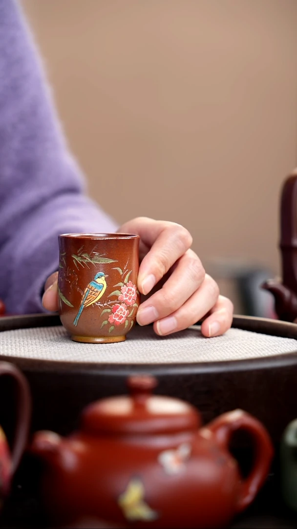 茶壶紫砂柴烧收腰杯彩刻蓝鸟
