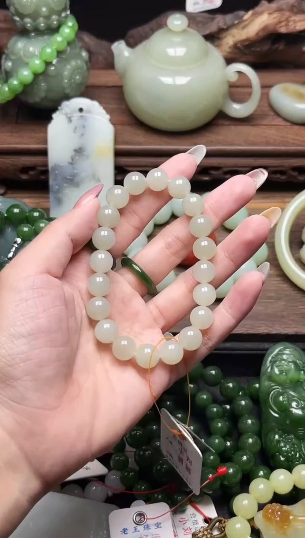 手串未镶嵌和田玉卡10且末青白 圆珠9011963