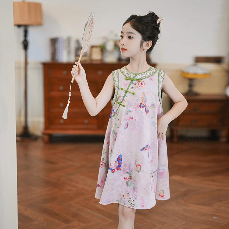 女童旗袍公主国风夏季碎花古装洋气古风古韵薄款中大童印花小女孩