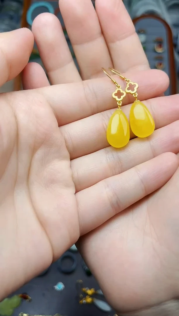 蜜蜡银S925镶嵌耳饰水滴耳钩06