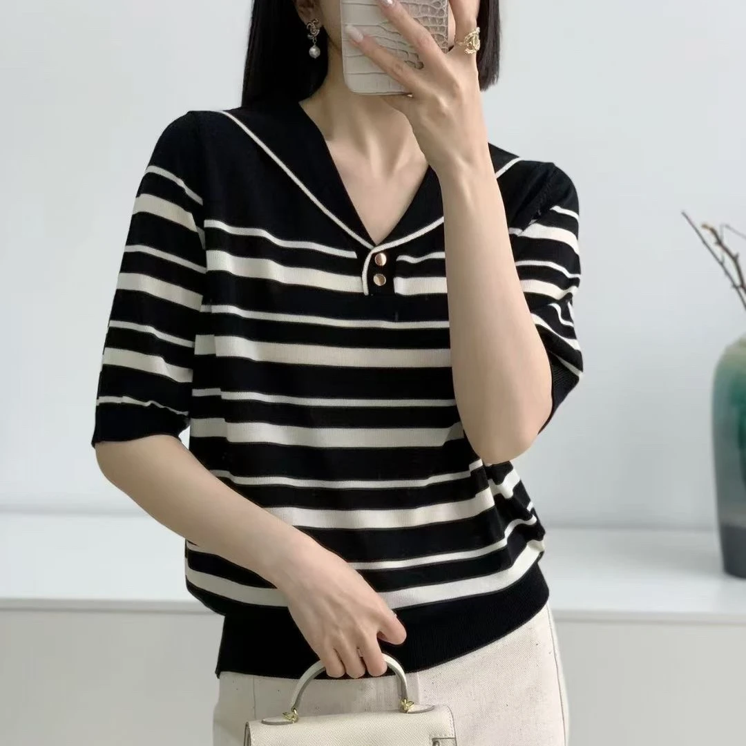 春夏新款减龄小众百搭条纹海军领针织衫女莱赛尔天丝套头短袖上衣