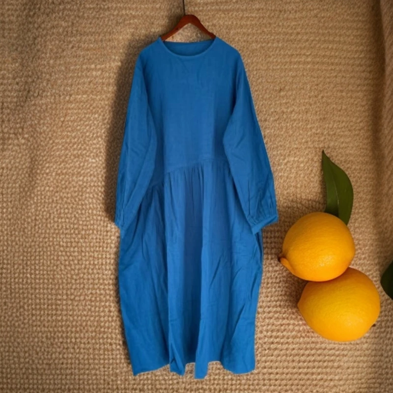 麻料炒色腰碎褶裙袍 （衣长126，胸围140，穿到180斤）