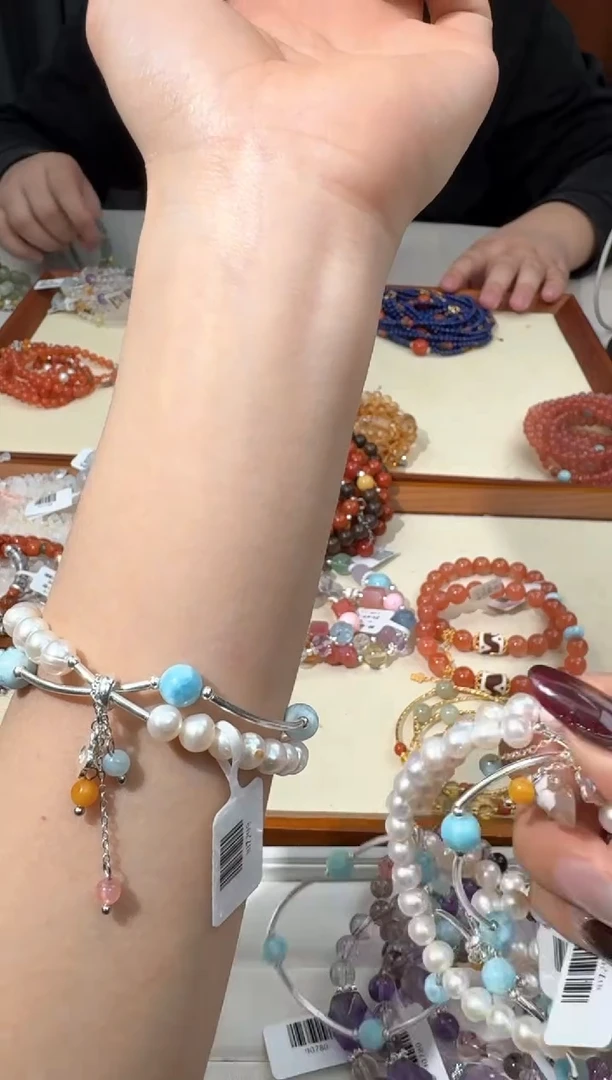 【闪购商品】淡水珍珠手绳银S925镶嵌A027珍珠双圈弯管海纹款