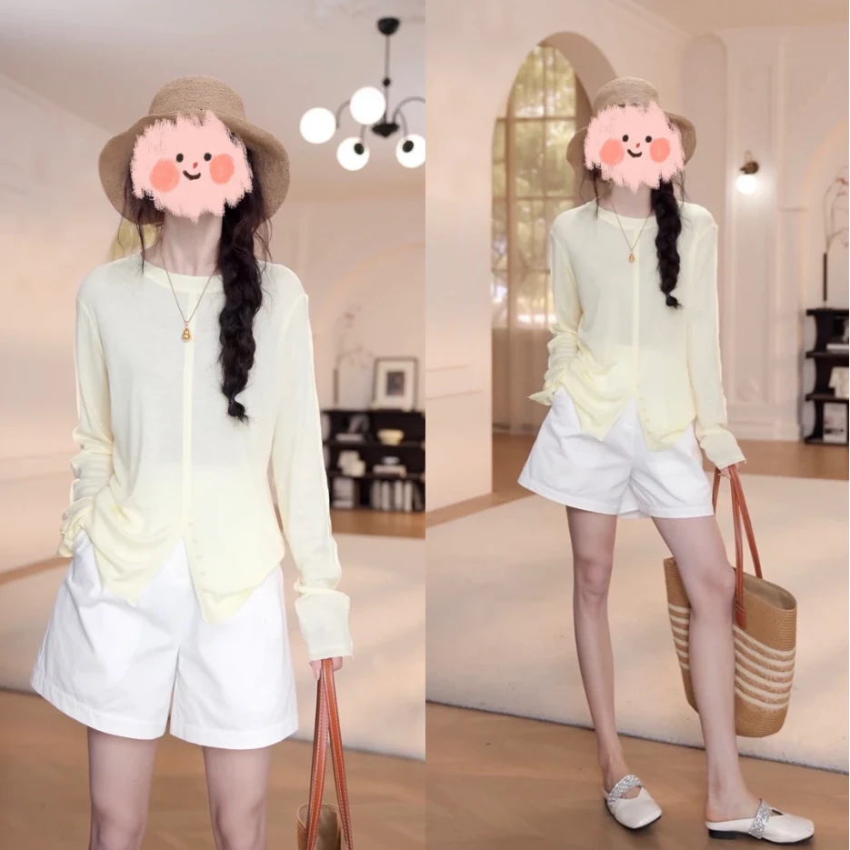 2025夏季新款纯色防晒长袖百搭T恤气质小清新白色高腰短裤两件套