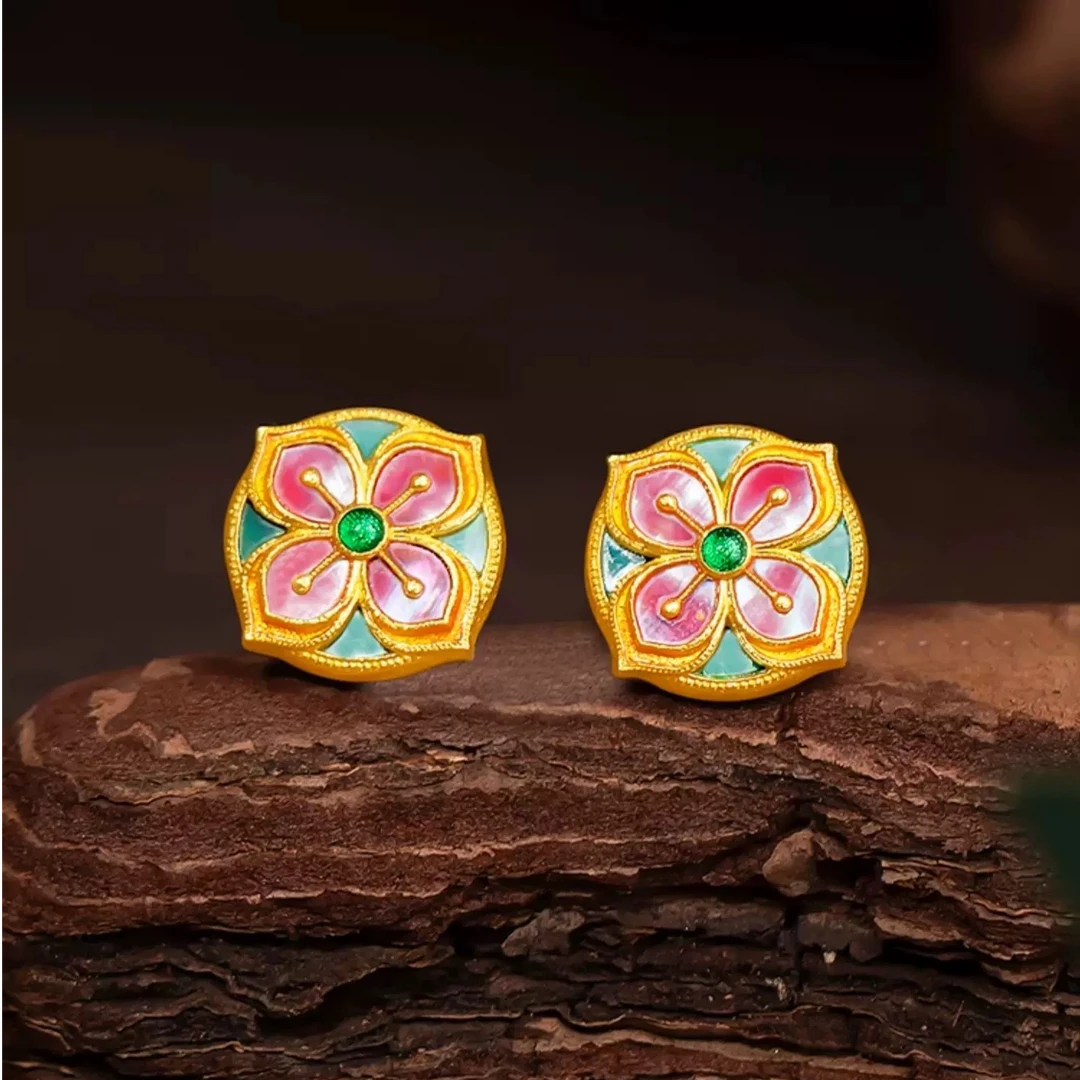 恒宝福【商城推荐】 足金999 618好物古法螺钿新年礼物花卉耳钉