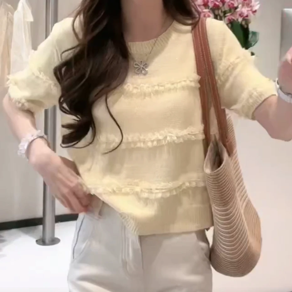 夏季薄款针织短袖T恤女2025新款设计感高级感时尚百搭显瘦上衣