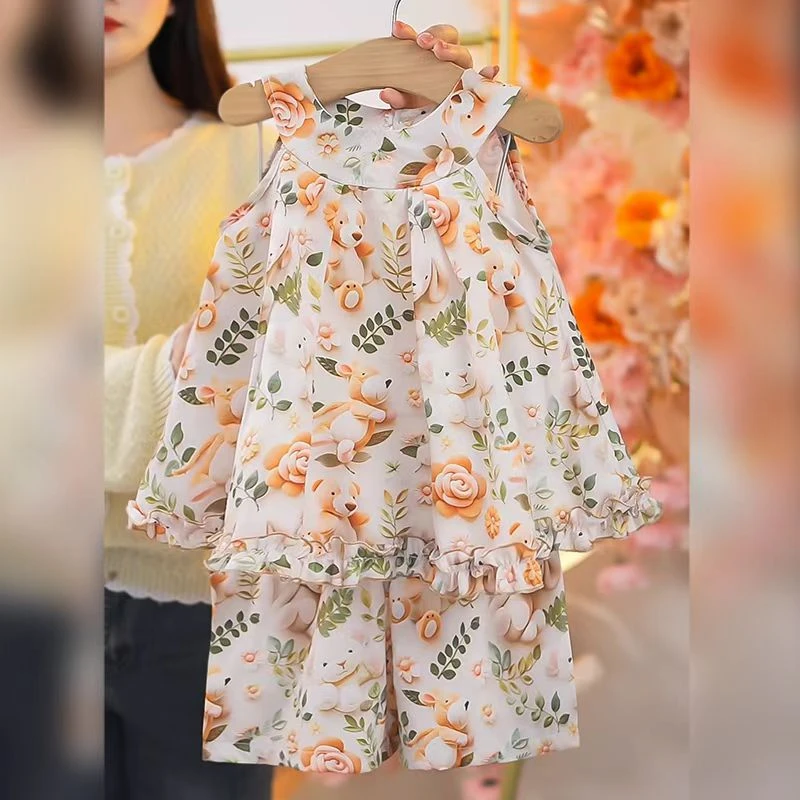 2025新款女童裙子夏天薄款套装碎花女孩裙子洋气可爱清新无袖套装