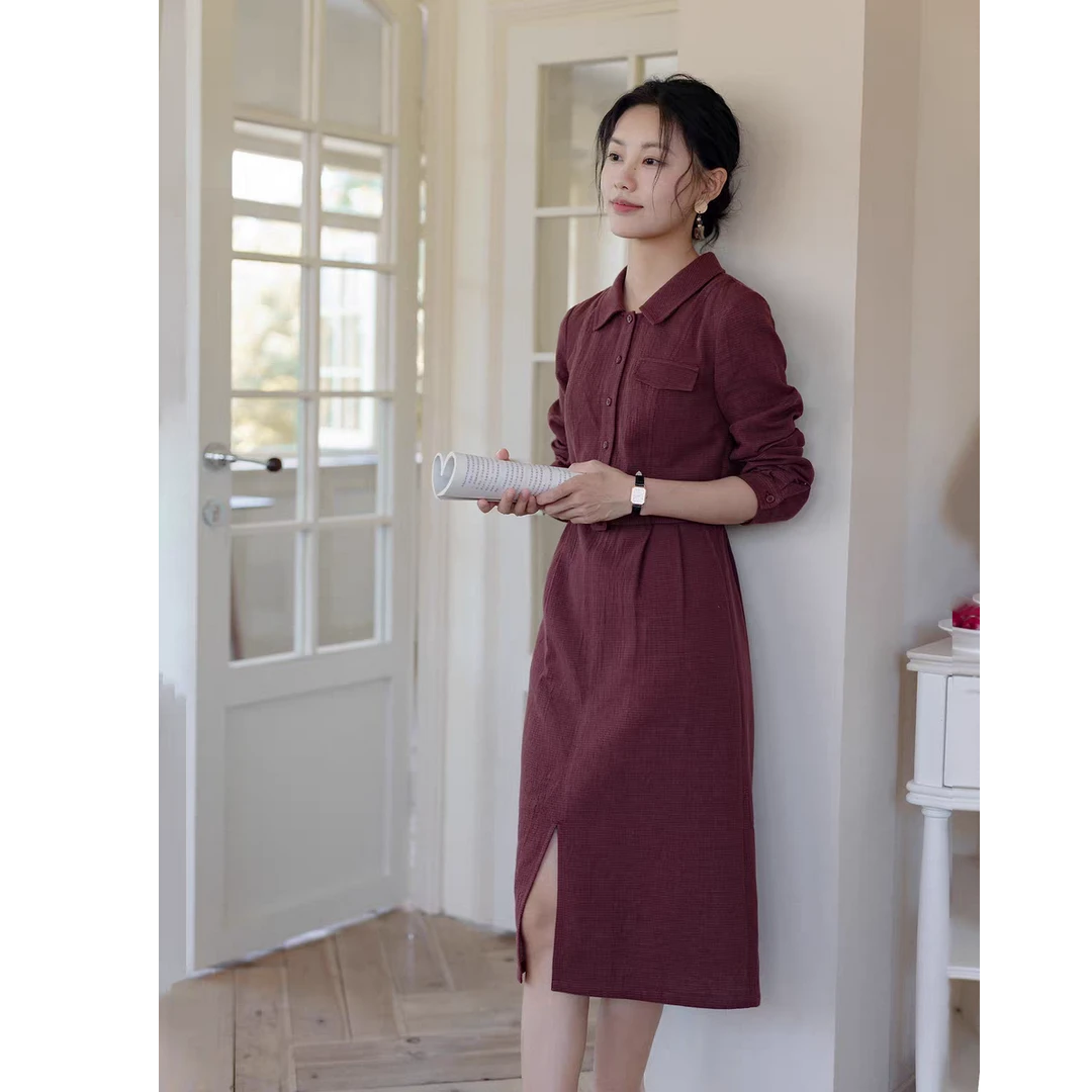 红念红色棉麻连衣裙女长袖高级感2025年秋季新款女装气质优雅裙子