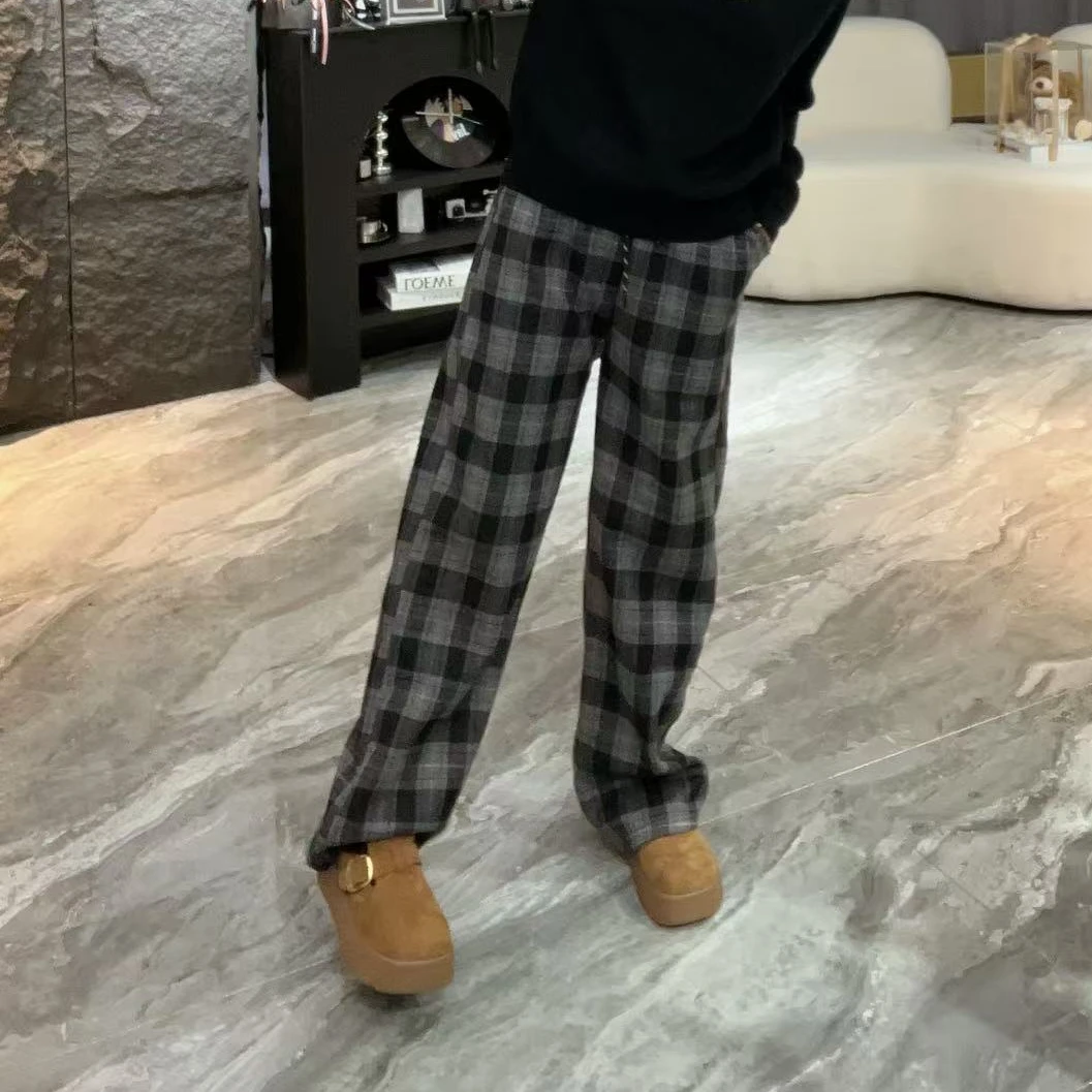 4458冬季新款【加绒】休闲百搭宽松【有口袋】松紧腰潮牌格子阔腿裤