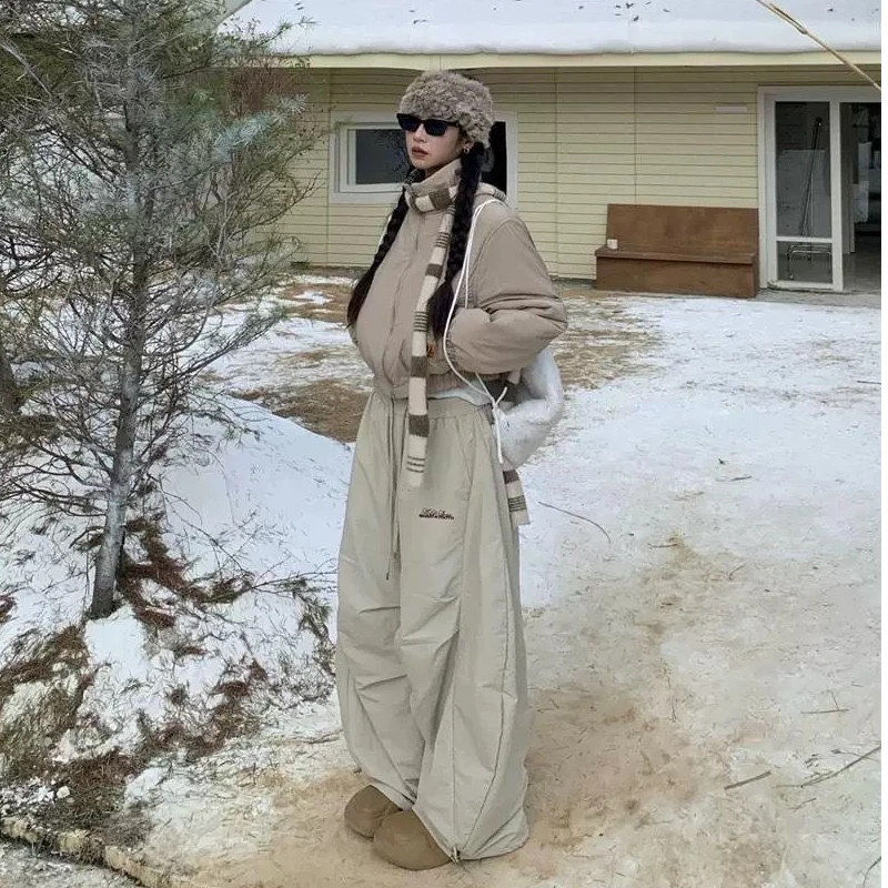 加棉加厚美式复古立领短款棉服外套弯刀阔腿裤冬季显瘦百搭两件套