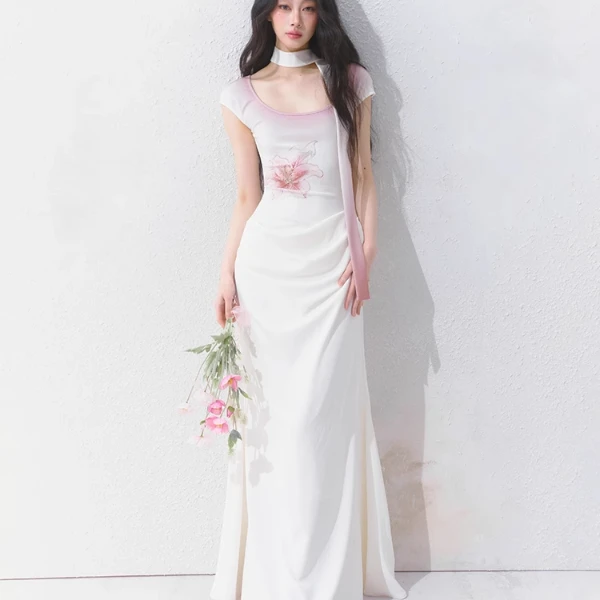 SALTHe盐茶【初见荼薇】原创法式盖袖修身氛围感印花显瘦连衣裙