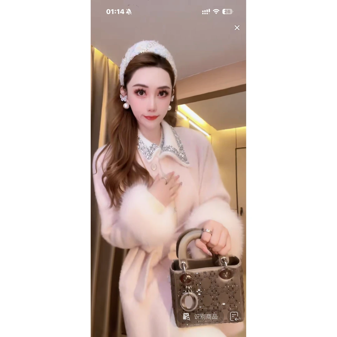 【粉色浪漫】重工订珠显瘦气质双面绒毛毛大衣外套