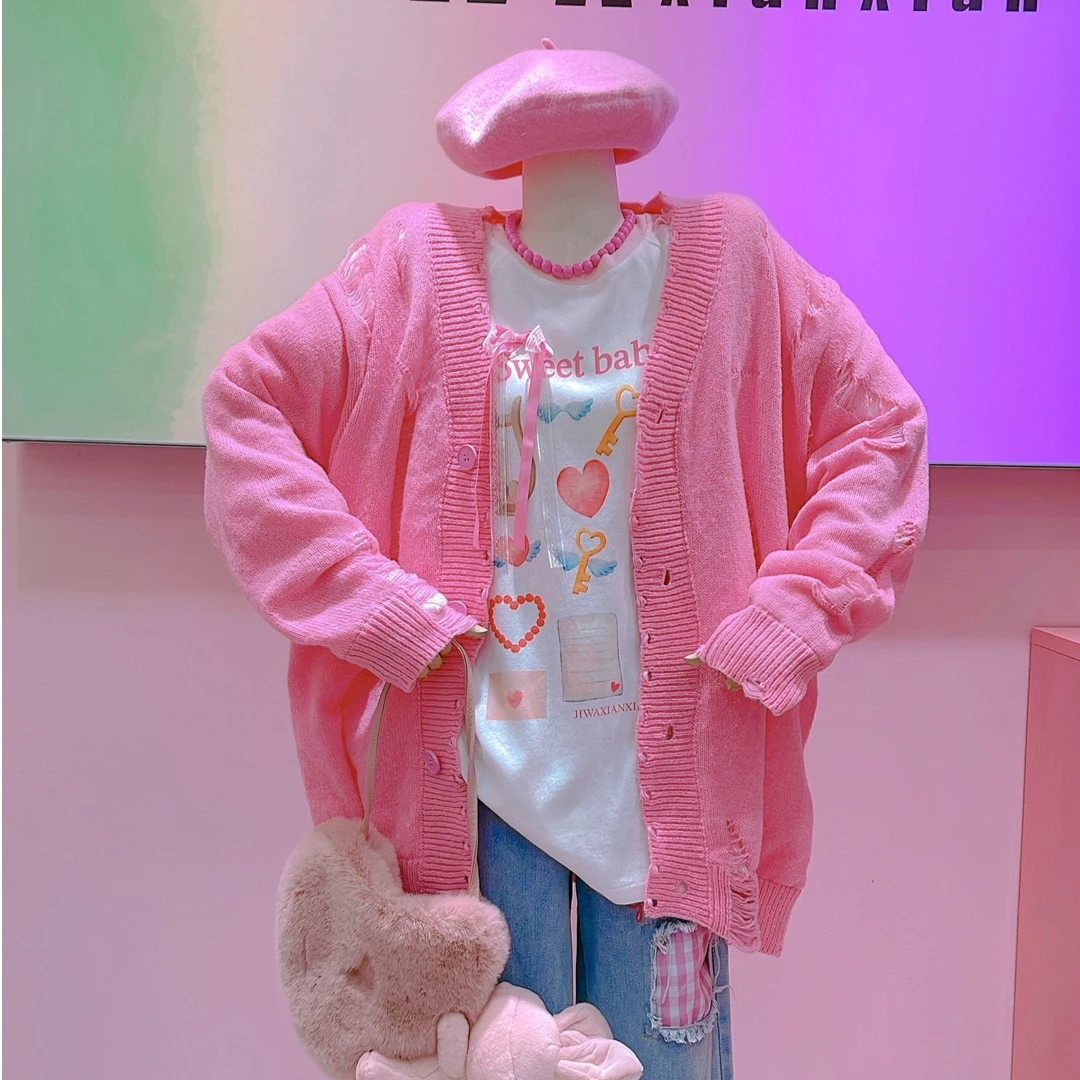 【纯熙+】90165秋冬新款破洞双层毛织外套女韩版宽松百搭开衫