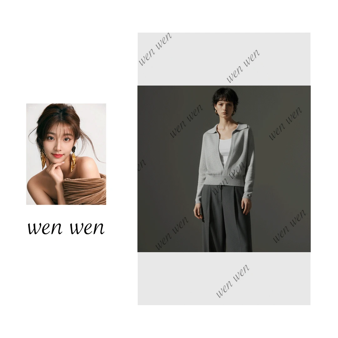 【文WENWEN】翻领假两件上衣V领针织上衣 通勤叠穿针织衫 A918117