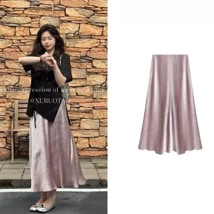 【现货】【樱花醋酸裙】醋酸滑面设计感樱花粉半身裙套装 T5387