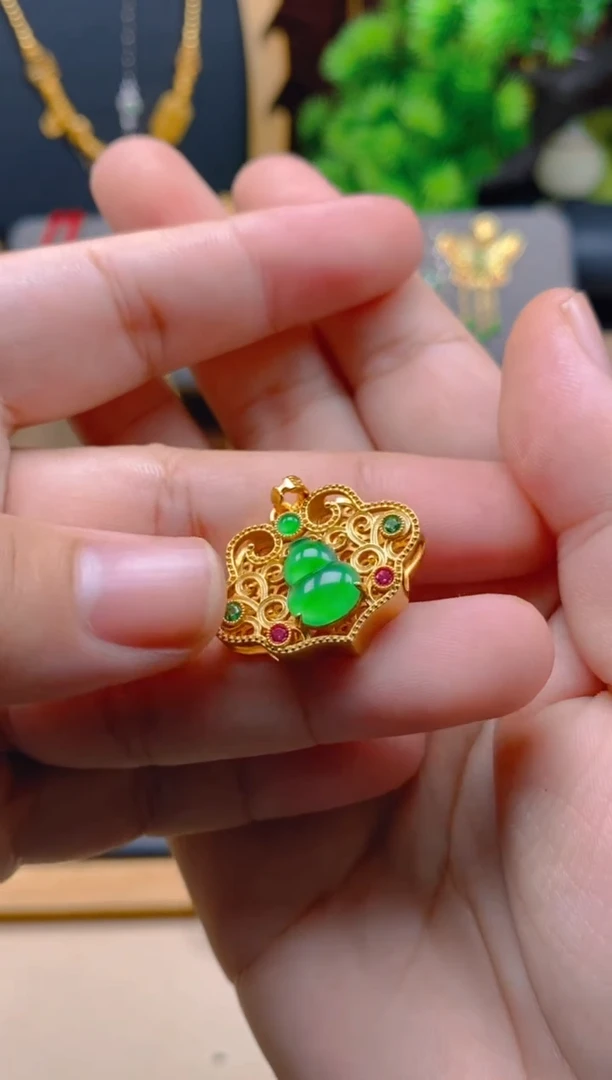 吊坠(不含链)银S925镶嵌翡翠花丝葫芦