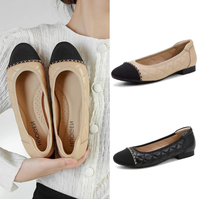 HUOGEN真皮浅口平底单鞋女法式拼色小香风羊皮软底奶奶鞋菱格瓢鞋