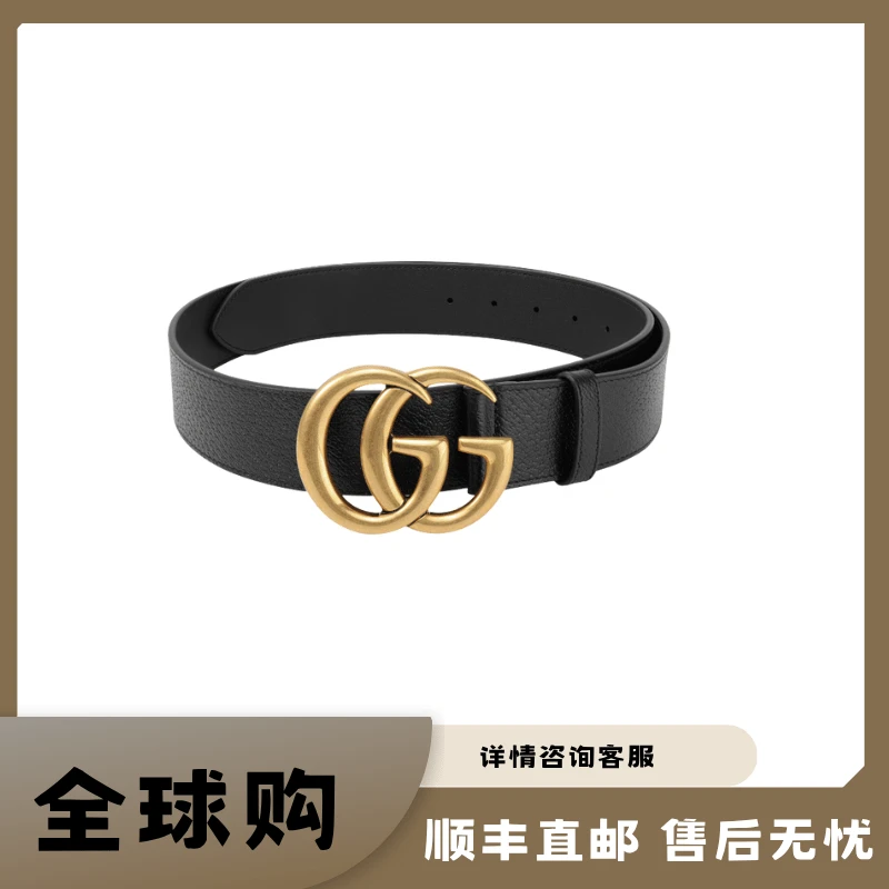 gucci gucci/古驰旧金色双G皮革平滑扣  皮带 男女同款 黑色4cm