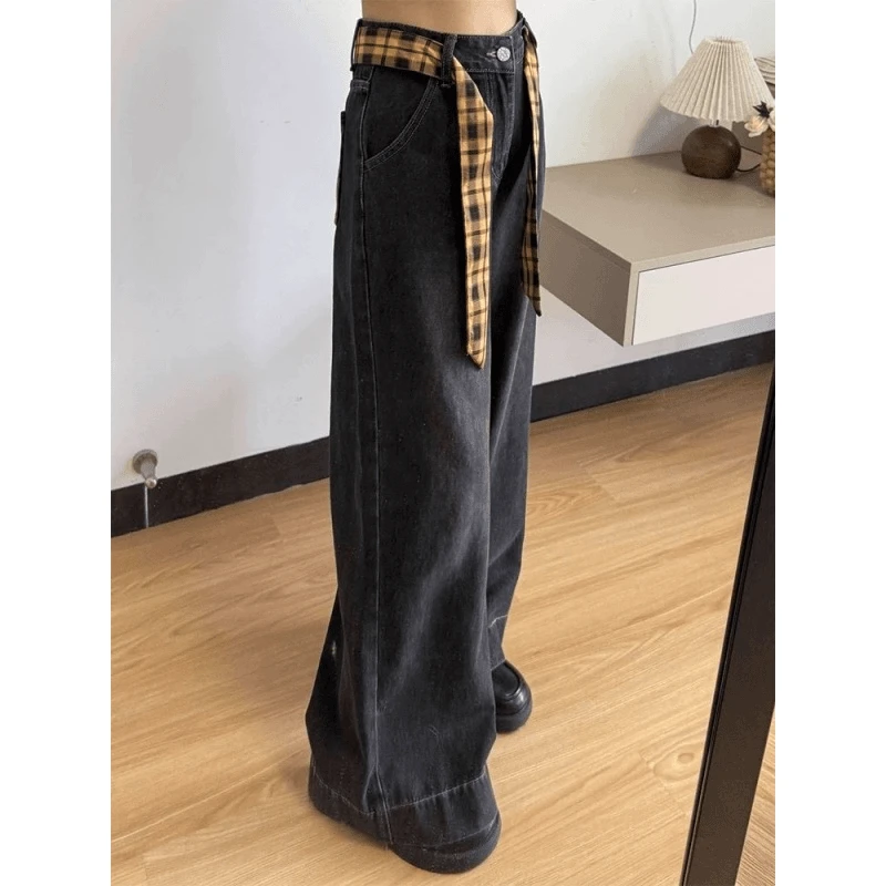 黄色格子拼接牛仔裤女小个子2025年爆款百搭显瘦显高宽松阔腿裤子