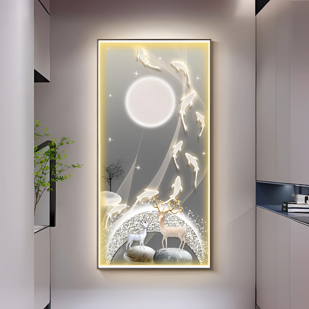 手工正对门九鱼图晶瓷镶钻装饰画带灯走廊玄关沙发背景墙装饰画