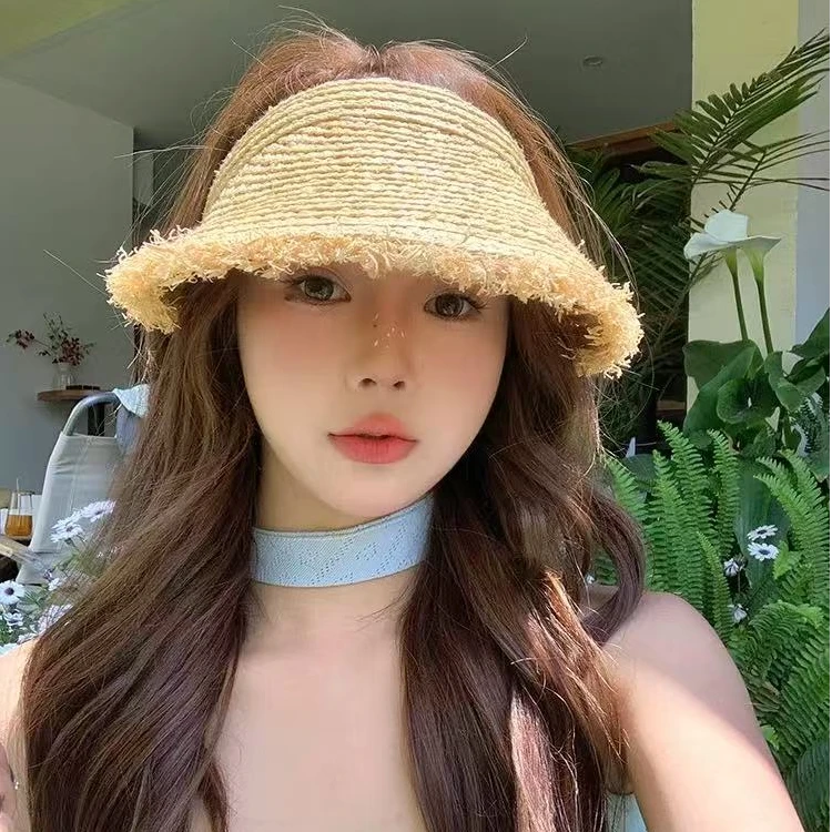 赫本风拉菲草毛边空顶帽子女2025年春新款海边度假大帽檐遮阳草帽