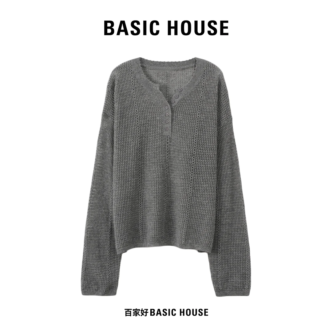 Basic House/百家好2025秋剪刀领慵懒风长袖套头针织衫N072 MM