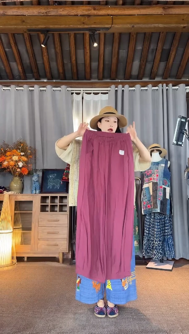 设计师款紫色亚麻束口裤