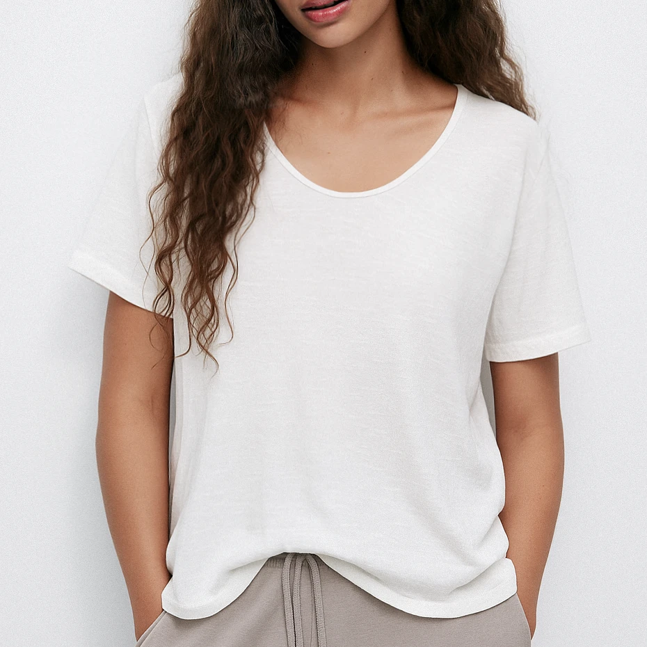 女士大U领轻薄纯棉透气短袖 棉麻肌理质感-20220