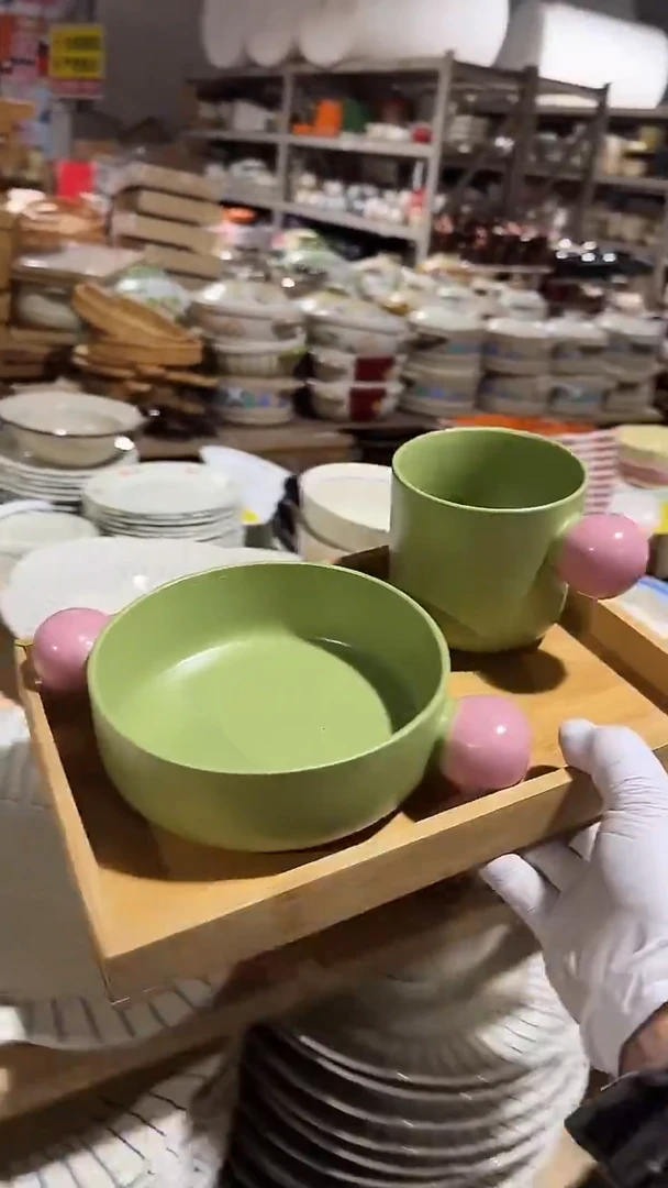 陶瓷绿色杯碗2件套微瑕 凑满20元包邮