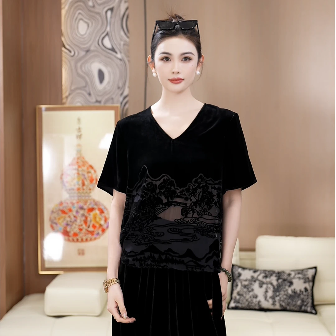 V领小桥流水国风真丝丝绒烧花夏季优雅洋气气质短袖上衣A050680