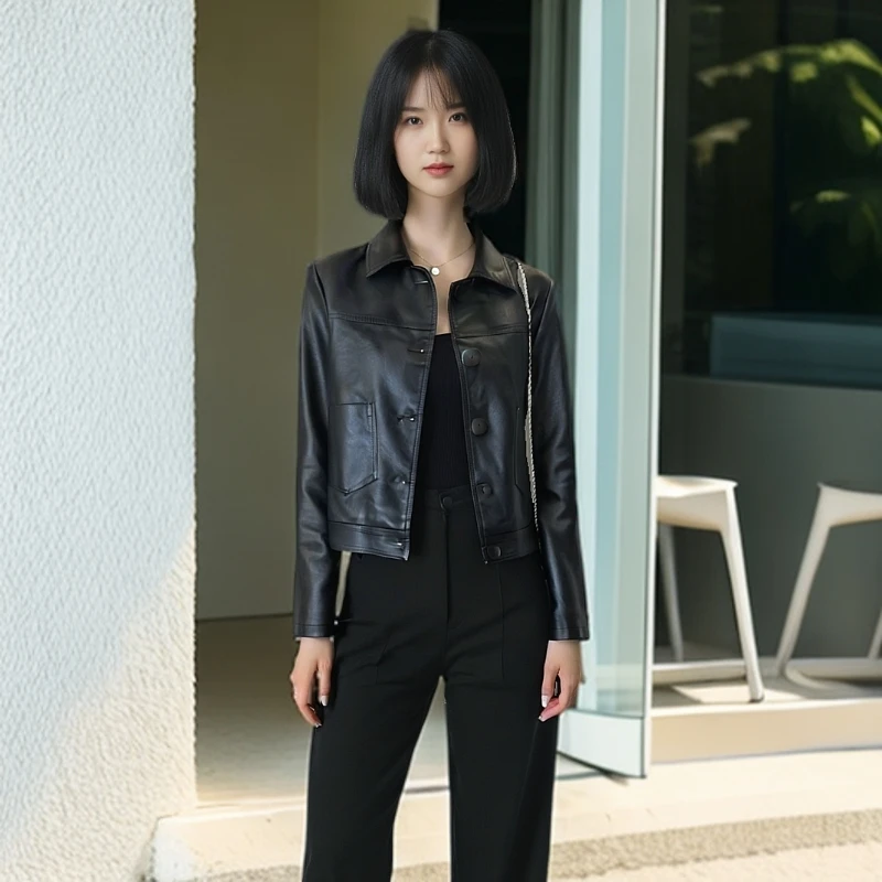 【新疆包邮】薄款排扣韩版女士皮衣外套MY