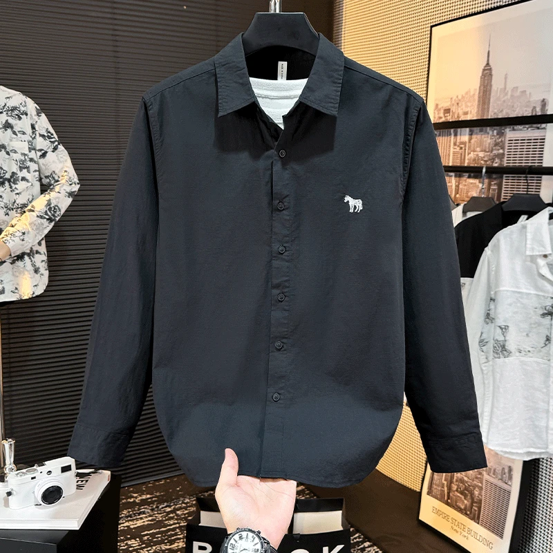 2025新款春秋薄款轻奢白色衬衫男长袖宽松学院风刺绣小清新衬衣男