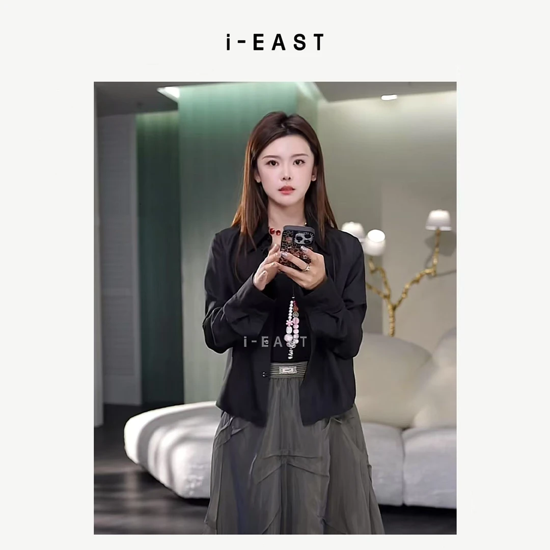 i-EAST 奥利奥夹心~polo领极简百搭衬衫上衣-5C S25009