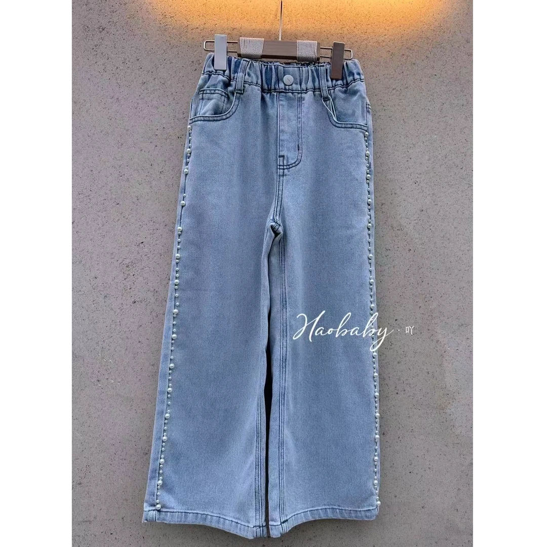 【豪宝贝】2025春夏款侧边珍珠直筒牛仔裤6071