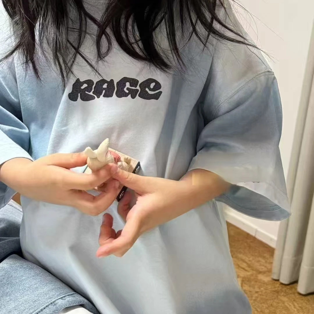 2052韩版2025夏款儿童时尚潮流百搭休闲个性蓝色扎染字母短袖