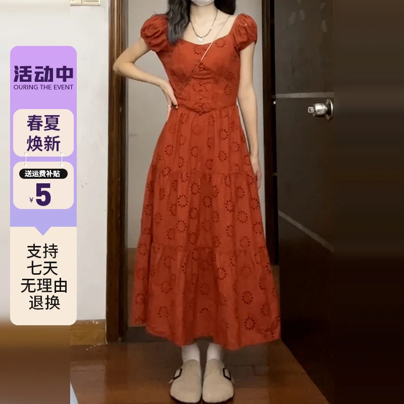 红色碎花连衣裙子女装夏季2025新款法式气质超好看高级感长裙3837