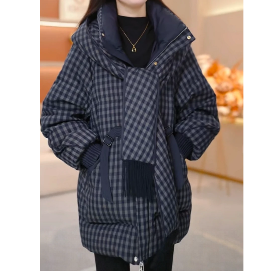 迷苏连帽格纹气质保暖时尚加厚羽绒服新款宽松2025冬季【SJYH3798】