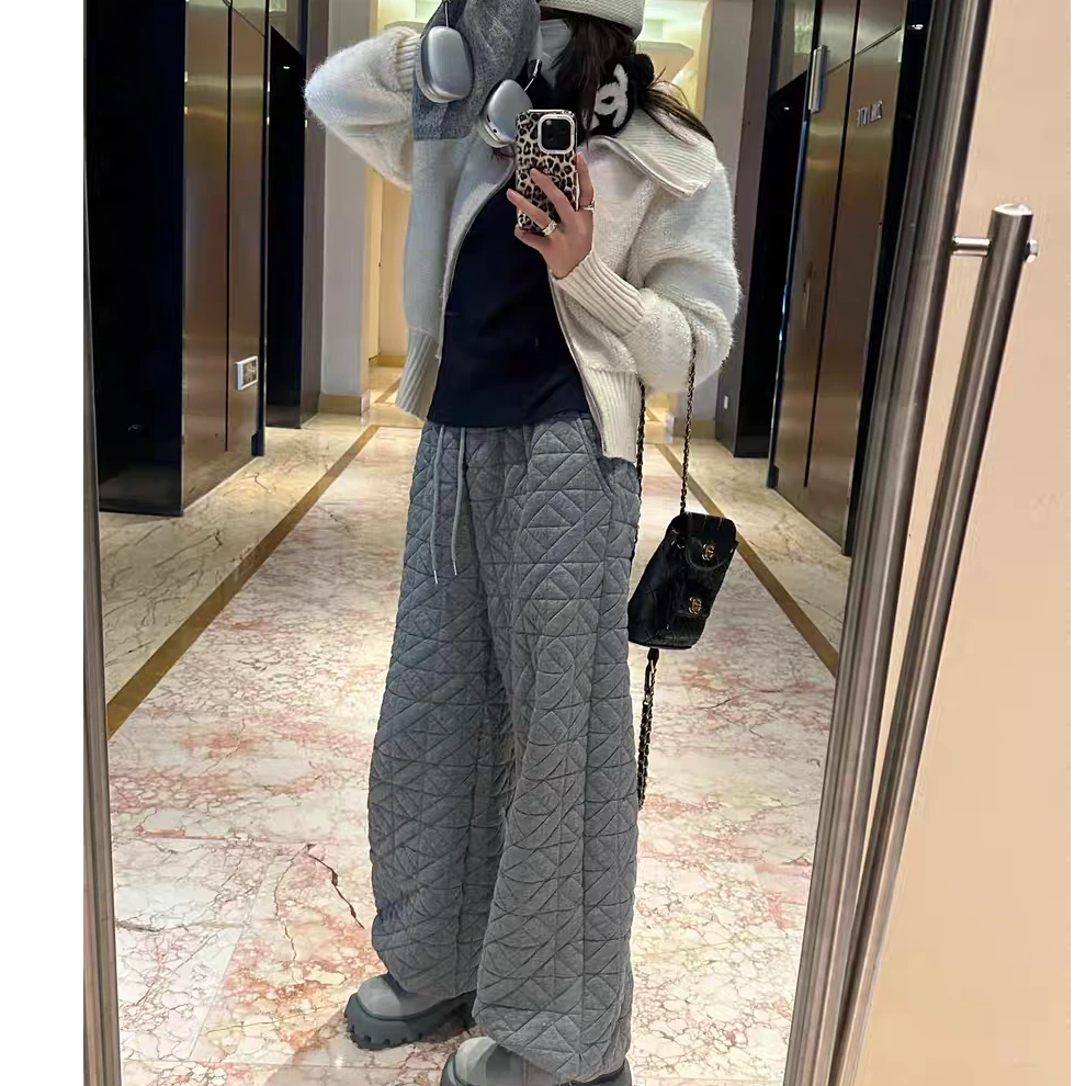灰色菱格压线棉裤加厚女冬季新款宽松直筒夹棉阔腿裤 A096