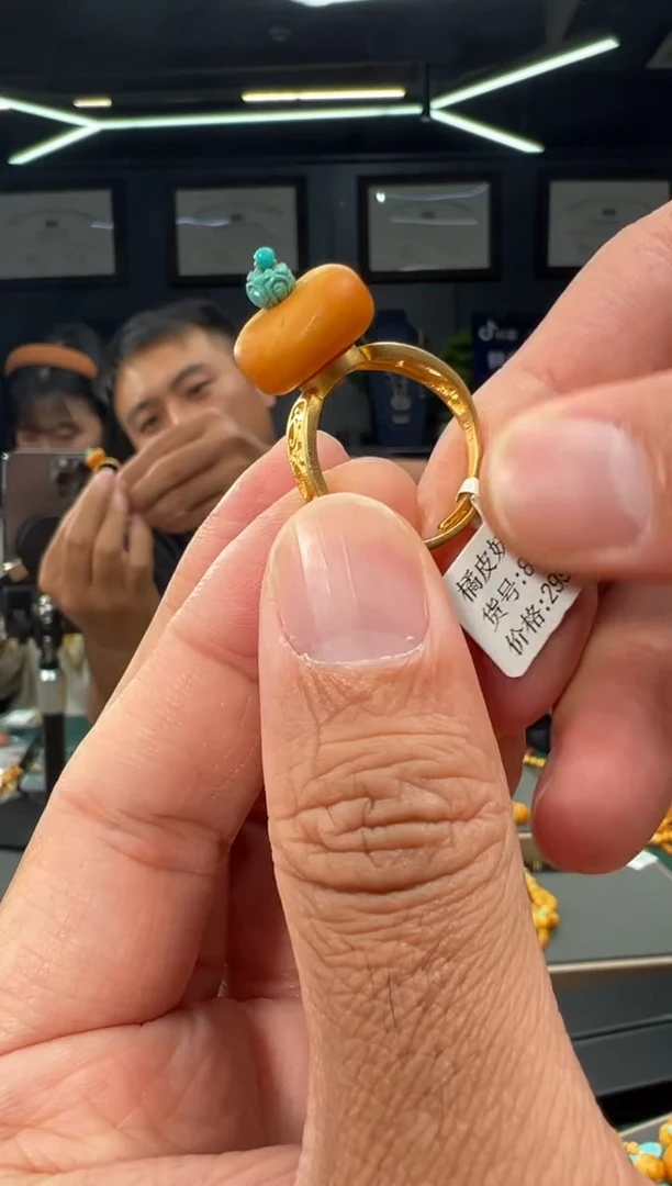 裸石琥珀银S925镶嵌橘皮饼子戒指-s61