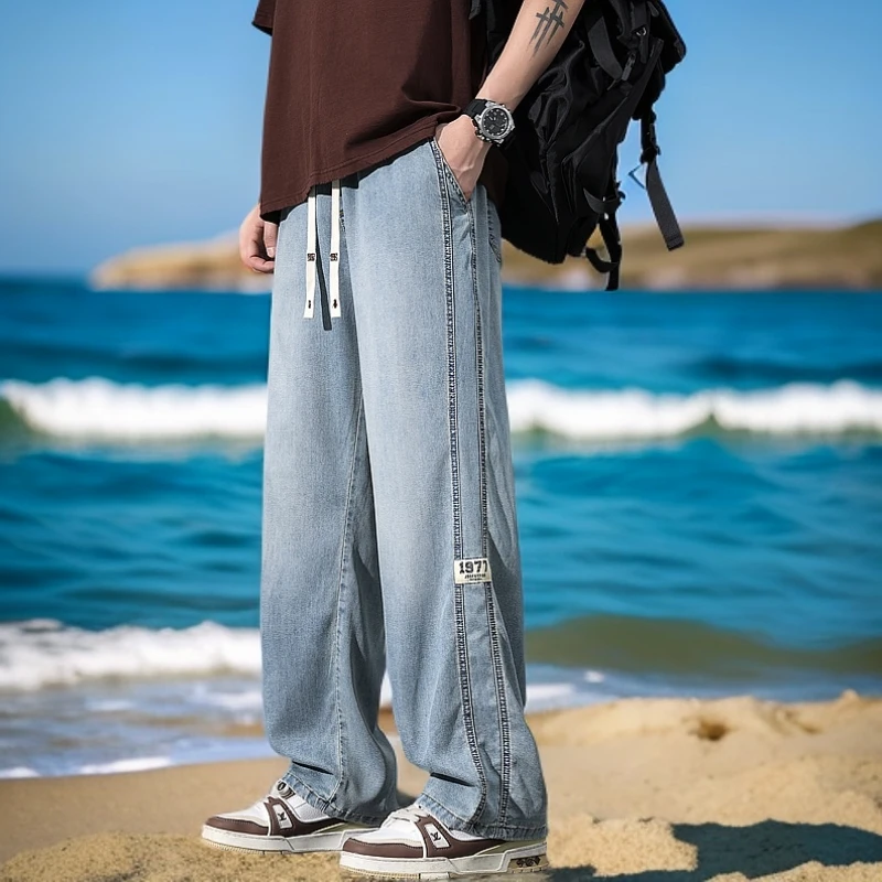 2025春夏新款天丝莱赛尔牛仔裤男款直筒宽松潮牌阔腿美式高街百搭