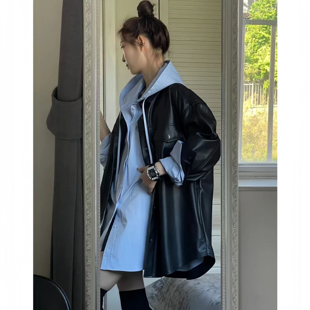 蓝色连帽衬衣+炫酷黑PU皮衣秋季新款时尚高级感两件套女复古港风