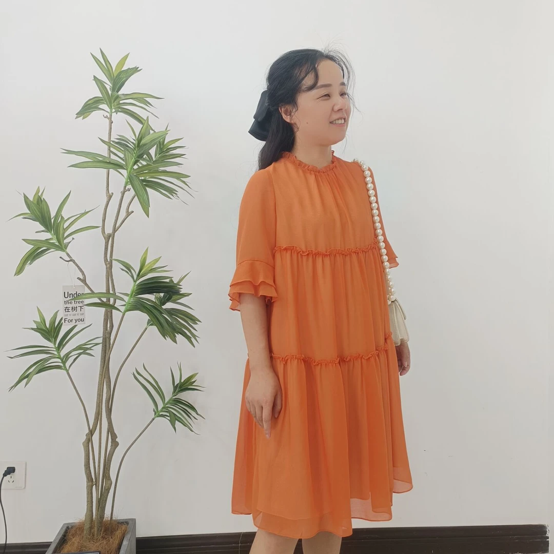 中袖春夏不褪色，不起球连衣裙橘色褶皱欧若精灵风2803031
