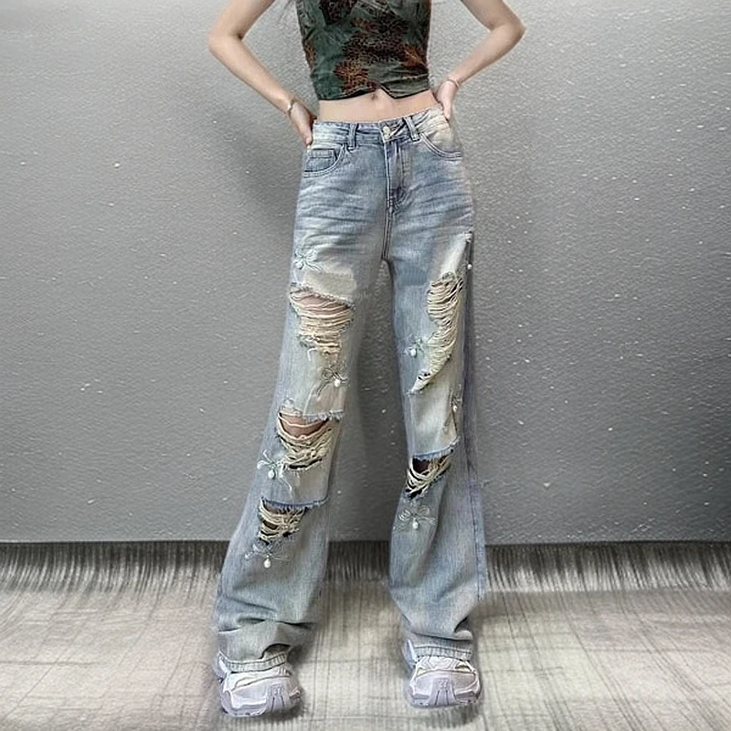 春季2025新款今年流行爆款蝴蝶结刺绣牛仔裤女时尚个性拖地阔脚裤