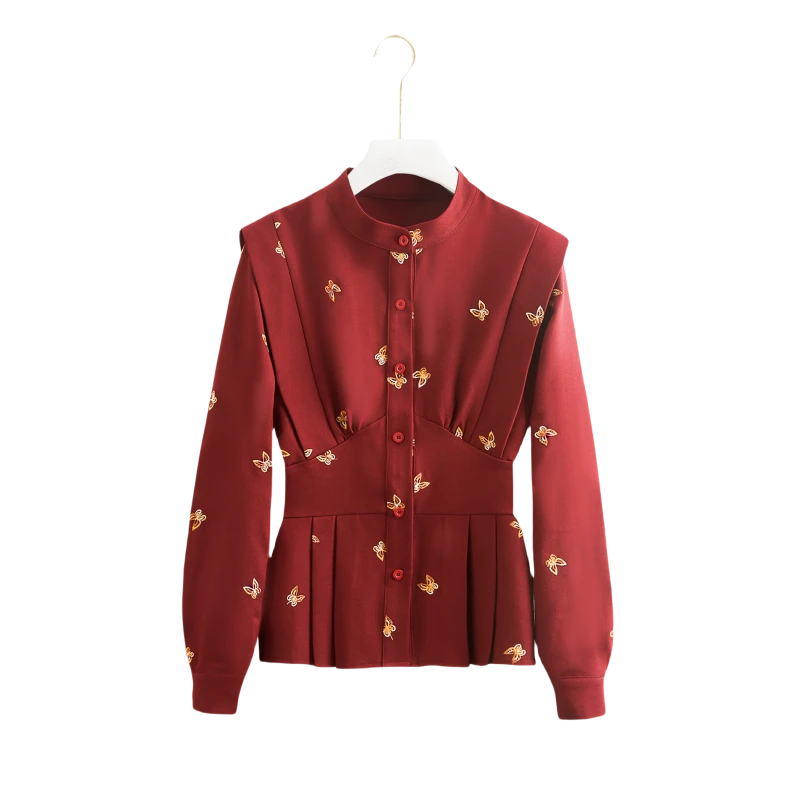 2025春季新款法式高级感红色显瘦开衫上衣设计感收腰气质衬衫女