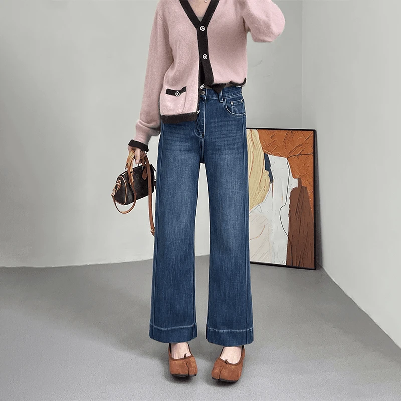 大码蓝色百搭高腰显瘦直筒牛仔裤女秋季款梨形身材遮胯弹力九分裤